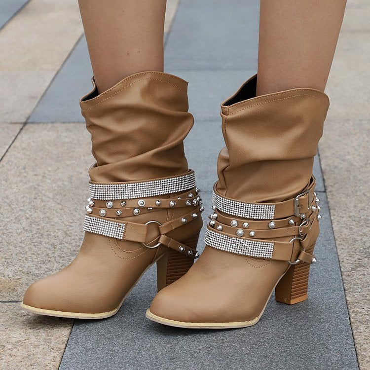 DocStride's RhinestoneBelt RoundToe Leather Boots