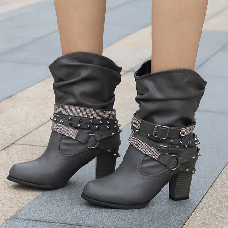 DocStride's RhinestoneBelt RoundToe Leather Boots