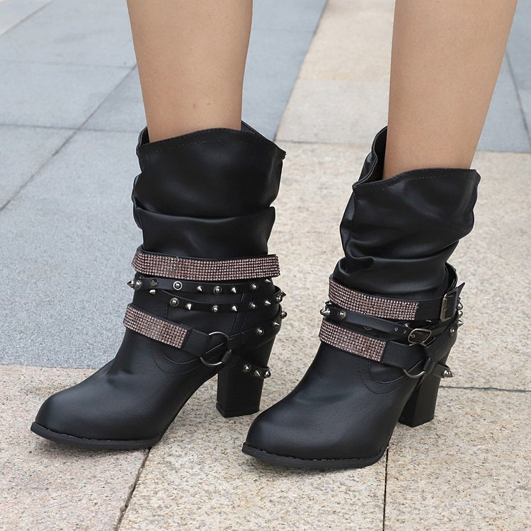 DocStride's RhinestoneBelt RoundToe Leather Boots