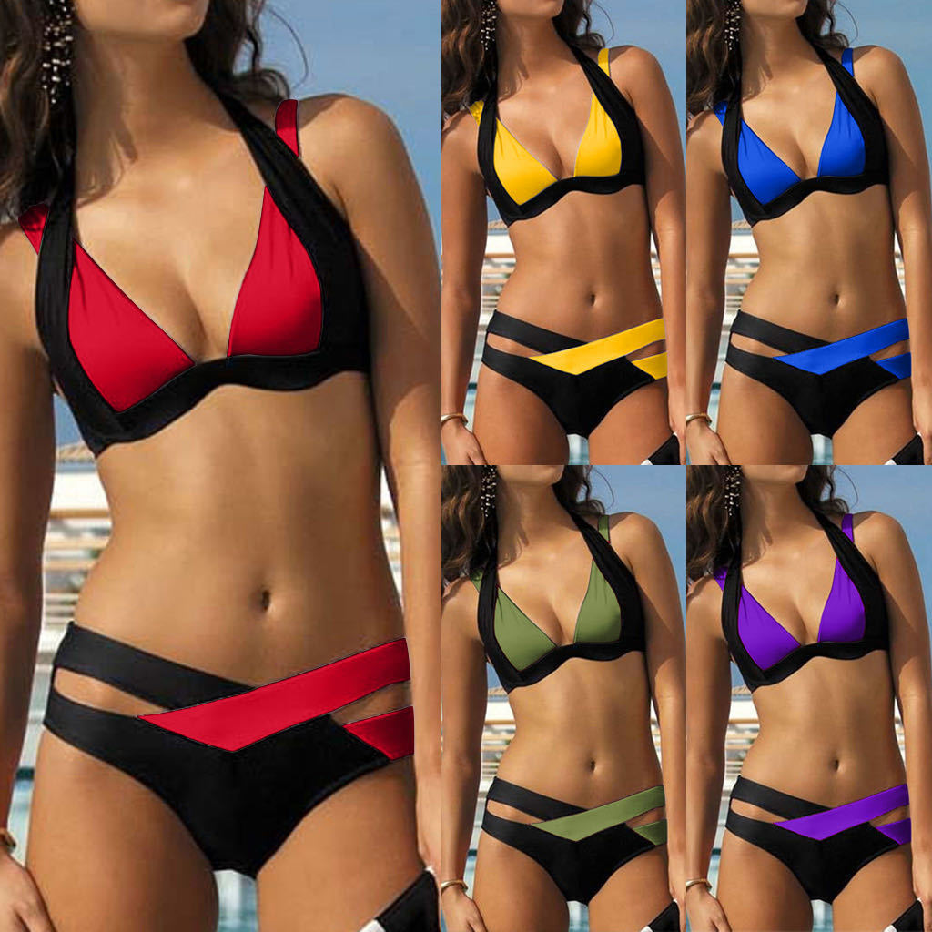 New Sexy Cross Strap Color Matching Bikini Swimsuit