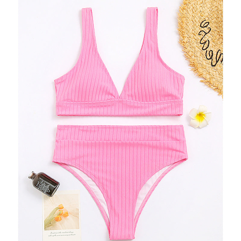 European And American Swimwear Women'S Ribbed High-Waisted V-Neck Striped Sports Solid Color Bikini Suit