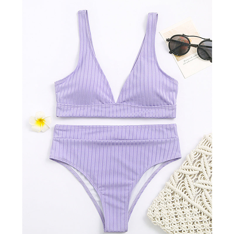 European And American Swimwear Women'S Ribbed High-Waisted V-Neck Striped Sports Solid Color Bikini Suit