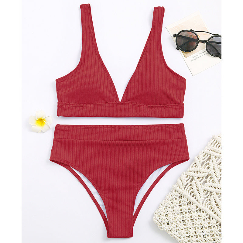 European And American Swimwear Women'S Ribbed High-Waisted V-Neck Striped Sports Solid Color Bikini Suit