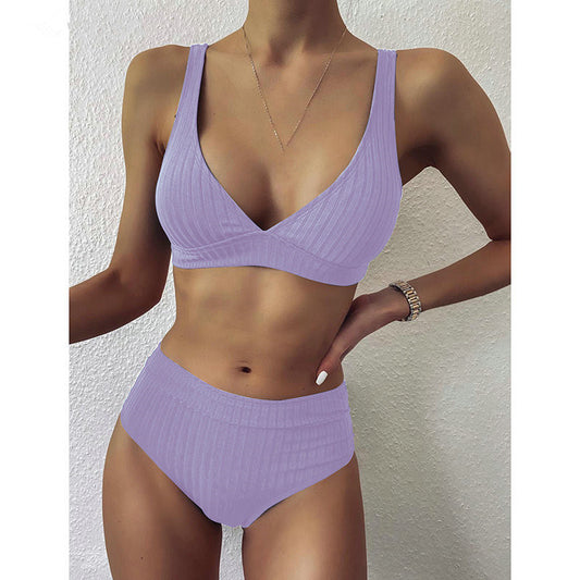 European And American Swimwear Women'S Ribbed High-Waisted V-Neck Striped Sports Solid Color Bikini Suit