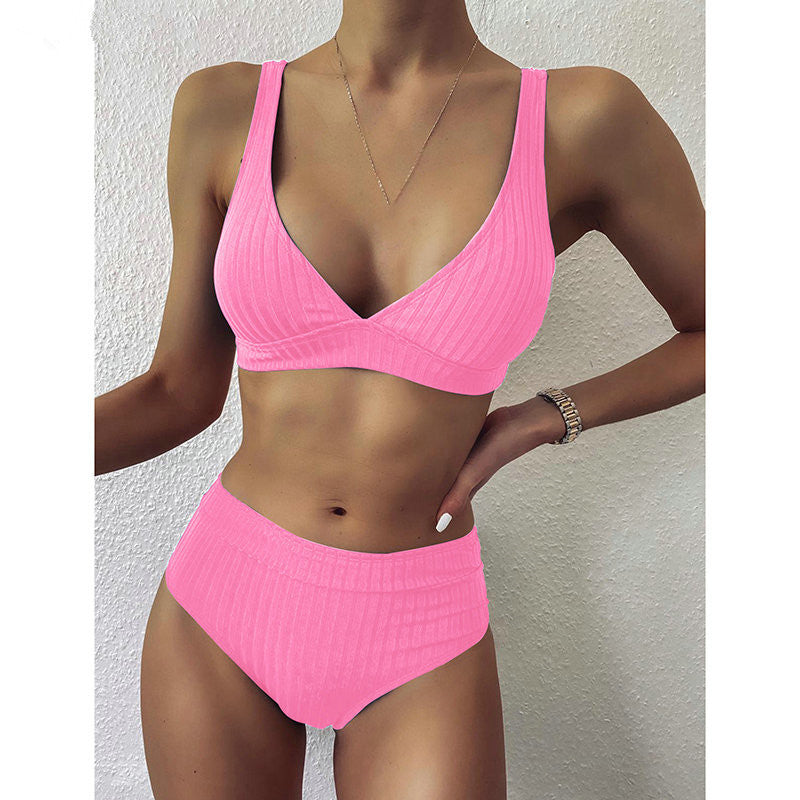 European And American Swimwear Women'S Ribbed High-Waisted V-Neck Striped Sports Solid Color Bikini Suit