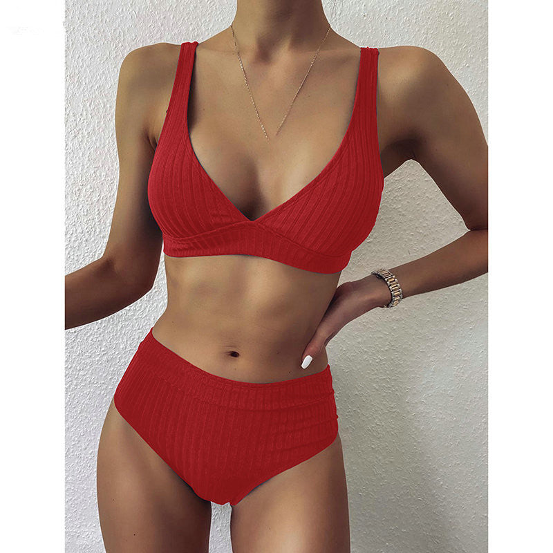 European And American Swimwear Women'S Ribbed High-Waisted V-Neck Striped Sports Solid Color Bikini Suit