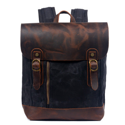 Retro Oil Wax Canvas Crazy Horse Leather Backpack Belt Buckle Waterproof Rucksack Bag Men