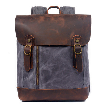 Retro Oil Wax Canvas Crazy Horse Leather Backpack Belt Buckle Waterproof Rucksack Bag Men