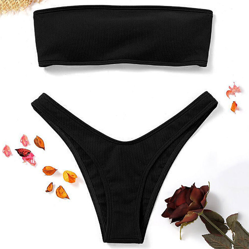 Manufacturers Spot European And American Bikini Swimsuits Tube Top Solid Color Sexy Leaky Back Bikini Split Foreign Trade Swimwear Women