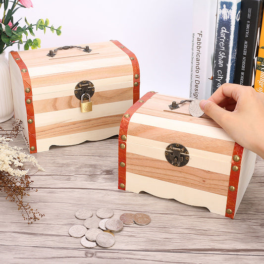 Wooden Treasure Box Piggy Bank With Lock Safety Storage Box Home Storage Storage Wooden Box