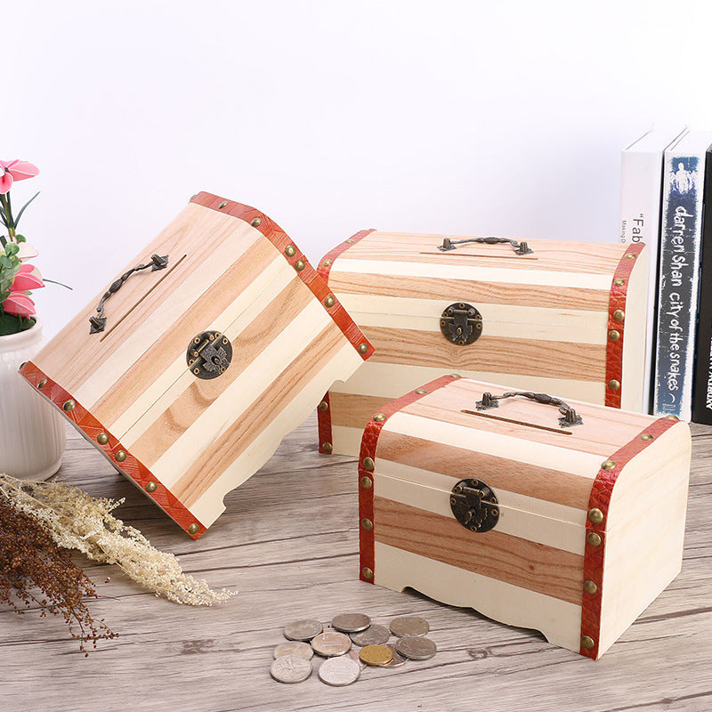 Wooden Treasure Box Piggy Bank With Lock Safety Storage Box Home Storage Storage Wooden Box