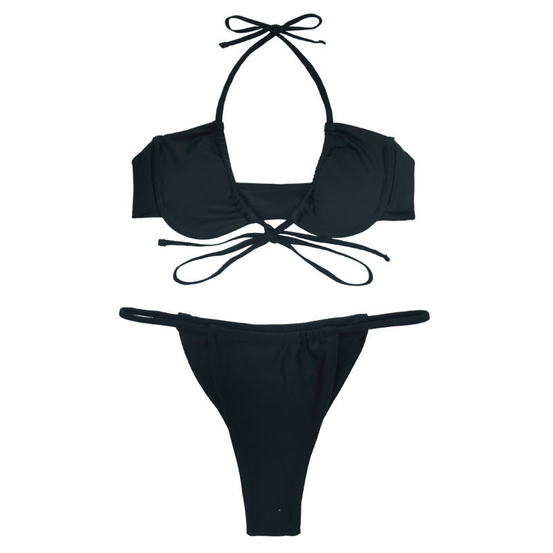 Pure Color Tether Sexy  Back Split Ladies Swimsuit Bikini