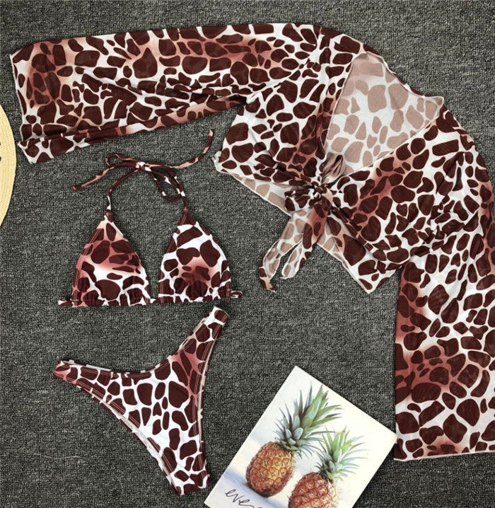 Long Sleeve Mesh Bikini Swimwear Women Three Pieces Leopard Swimsuit Female Summer Sexy Bathing Suit