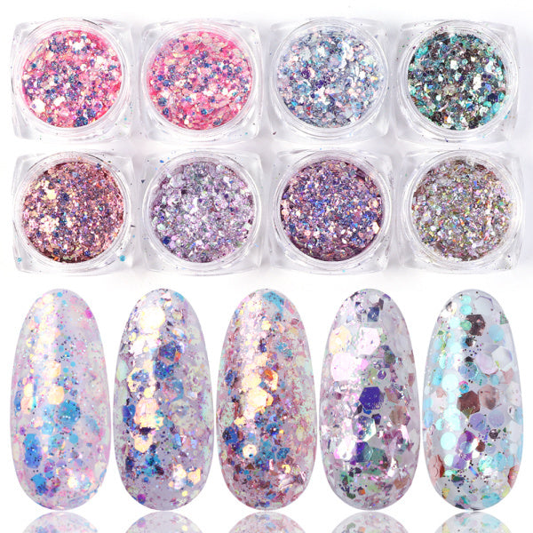 8er-Box Mix Glitzer Nail Art Puderflocken Set