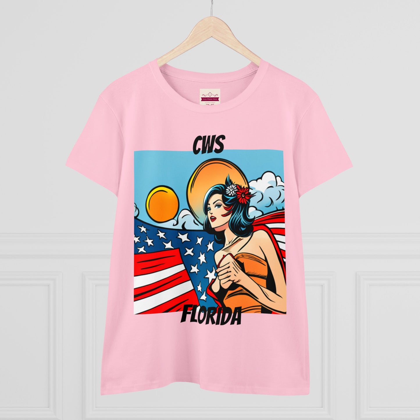 CWS Damen-T-Shirt aus mittelschwerer Baumwolle mit USA-Flagge von Cozy Winter Store (Versand nur innerhalb der USA)