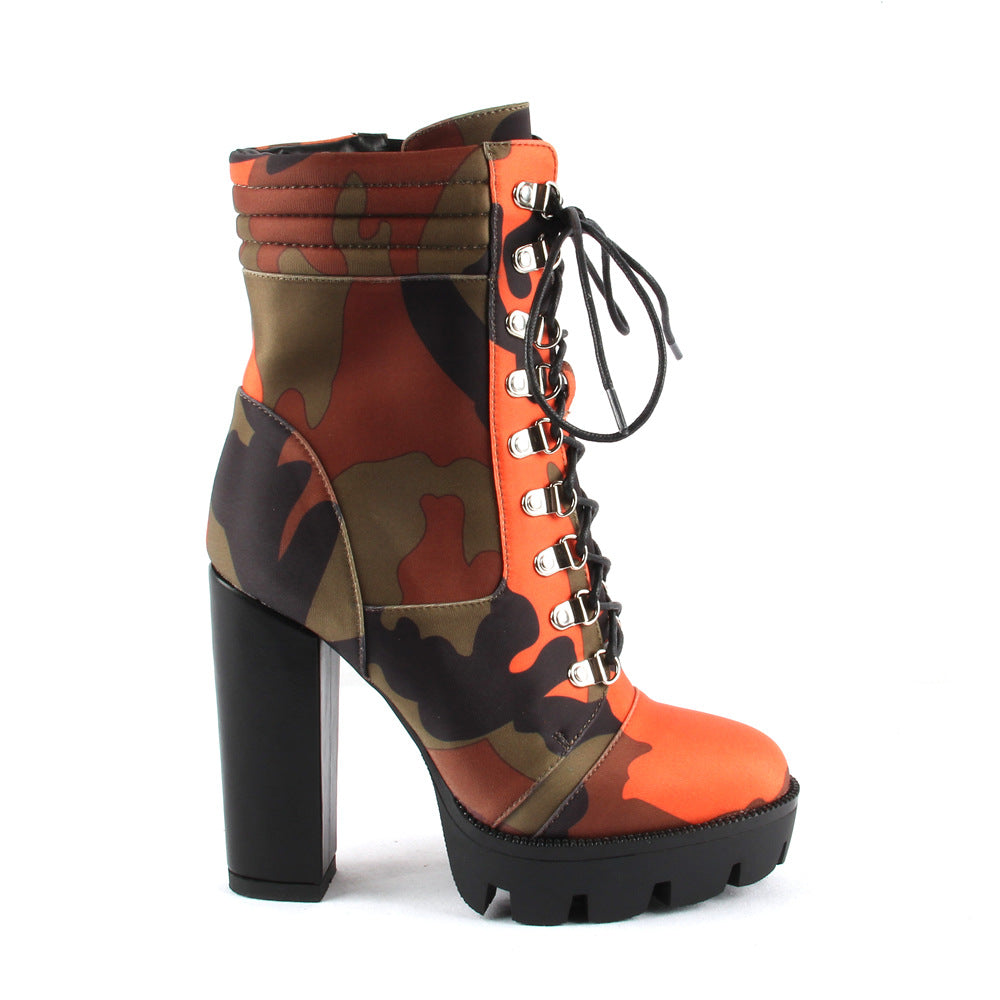 Platform camouflage high heel boots