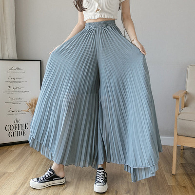 Loose-Fitting Pleated Chiffon Wide-Leg High-Waist Straight Skirt Pants for Women