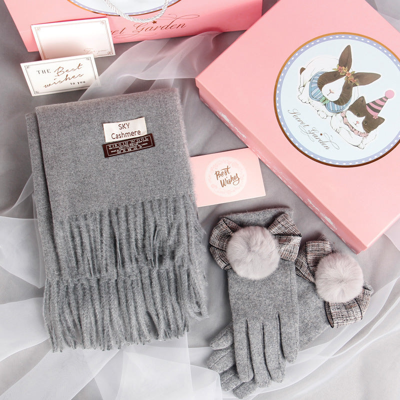 Autumn And Winter Scarf Gloves Women Two-Piece Gift Box All-Match Shawl Bib