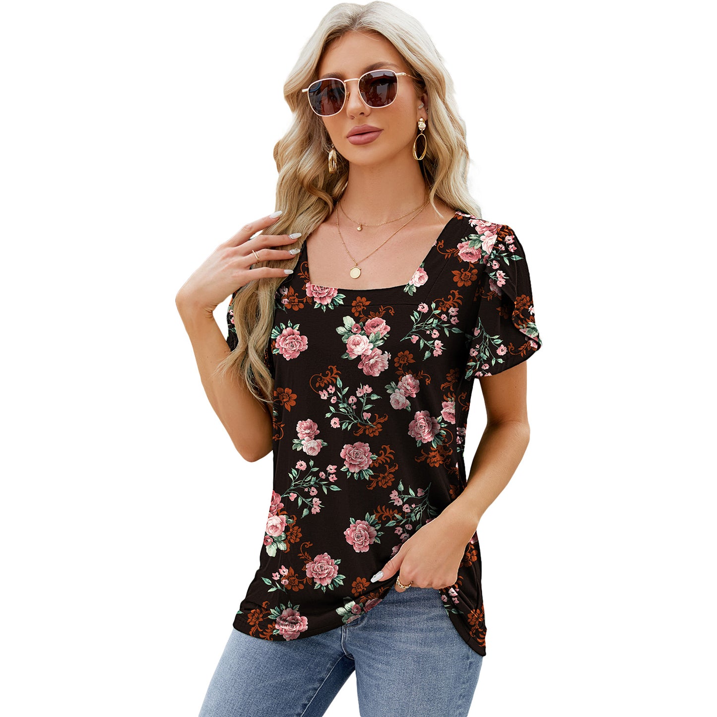 Boho Chic: Square Neck Printed Short-sleeved T-shirt with Petal Sleeve Design - Summer Top for Women's Beachwear