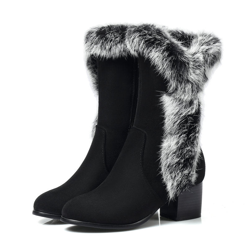 Suede rabbit fur mid-tube snow boots