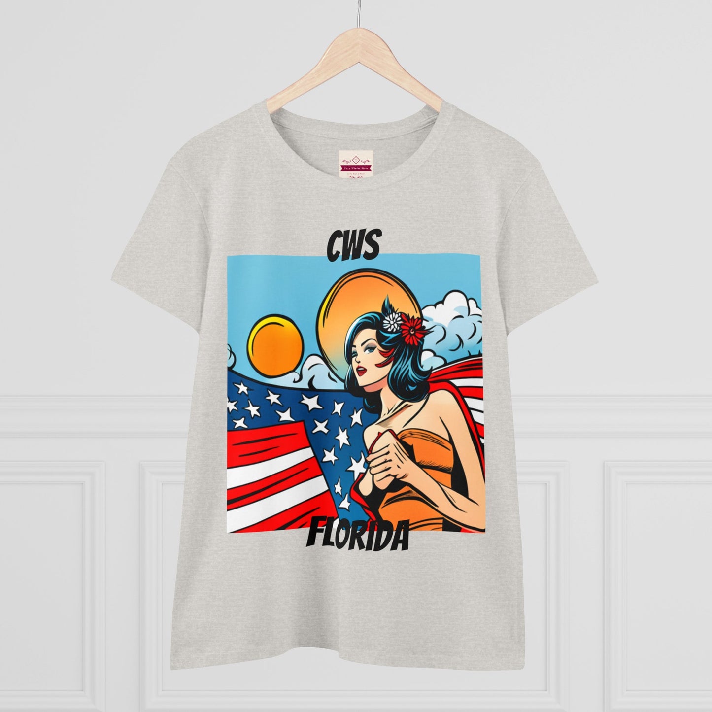 CWS Damen-T-Shirt aus mittelschwerer Baumwolle mit USA-Flagge von Cozy Winter Store (Versand nur innerhalb der USA)