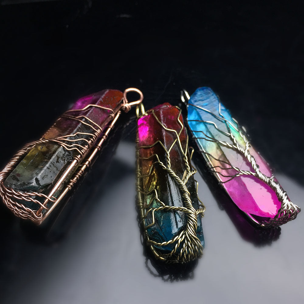 Colorful Electroplating Rough Stone Crystal Column Tree Of Life Pendant