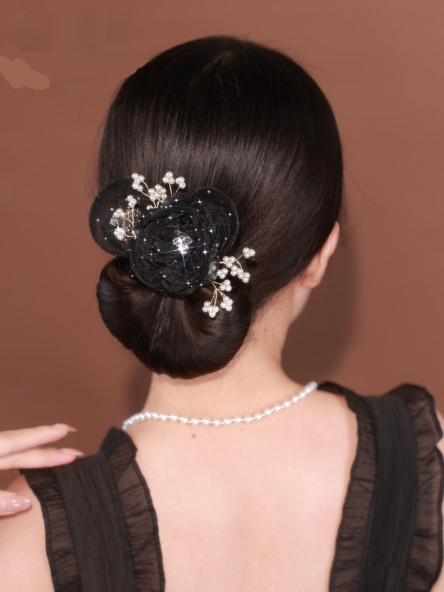 Starry Sky Flower Style Updo Topknot Hair Clip Black Exquisite Headdress