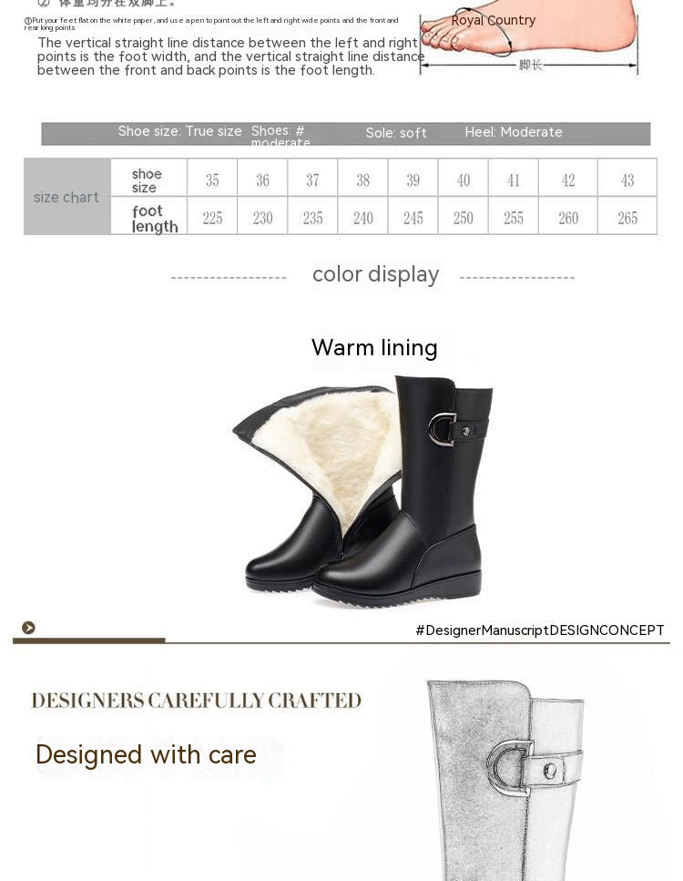 Winter Flat Non-slip Leather Shoes Fleece-lined Thermal Middle Tube Cotton Boots