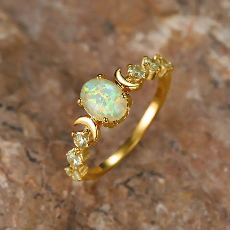 Oval White Opal Moon Ring Retro