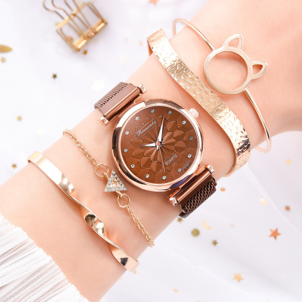 Flower Magnetic Buckle Milan Mesh Strap Watch Bracelet Suit