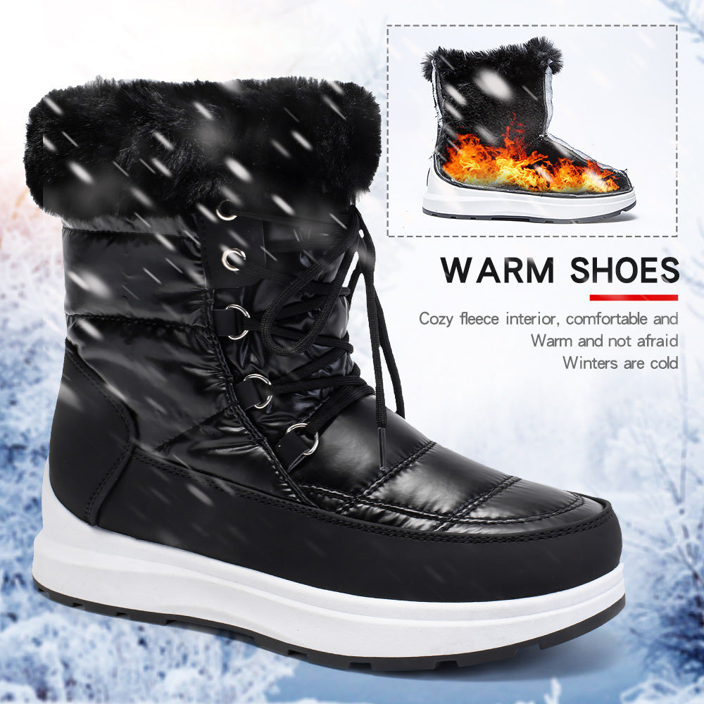 Wir präsentieren die CozyFluff High Tube Snow Boots – zum Schnüren, wasserdicht, mit warmem Pelzkragen für stilvolle und bequeme Schritte im Winter.