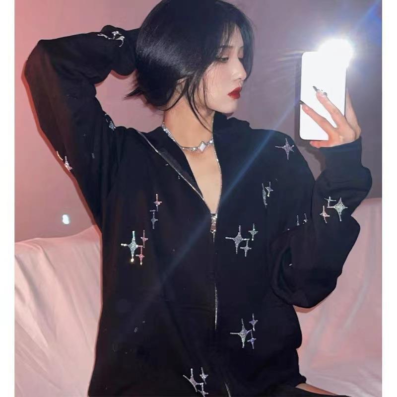 Loose XINGX Rhinestone Zipper Hooded Sweater