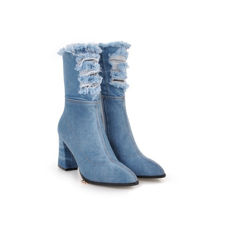 Introducing BlueTrend Short Boots—denim perfection with thick heels, blending style and comfort for a chic and confident stride.