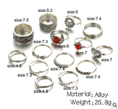 Außenhandel retro silber geschnitzt joint ring rot und weiß türkis 14 stück set set ring weiblichen schmuck großhandel