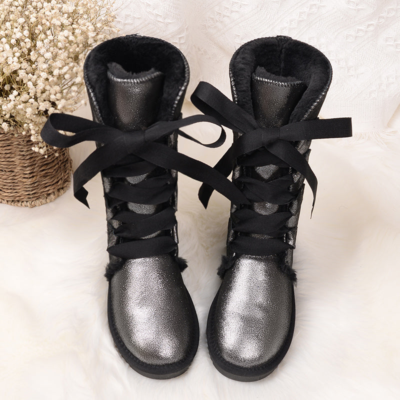 Leather high tube fur snow boots