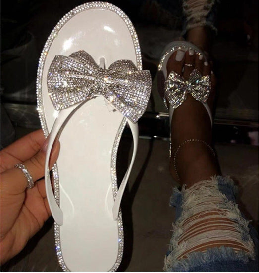 Ladies summer flat bow rhinestone slippers