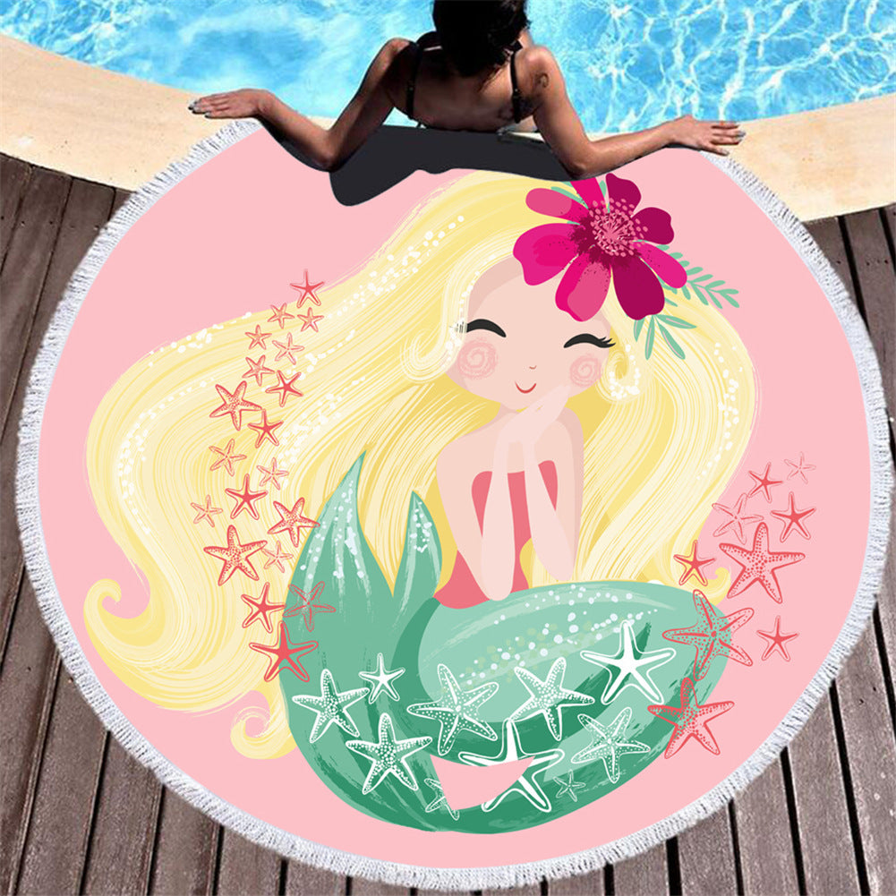 Cartoon pink mermaid microfiber round beach towel