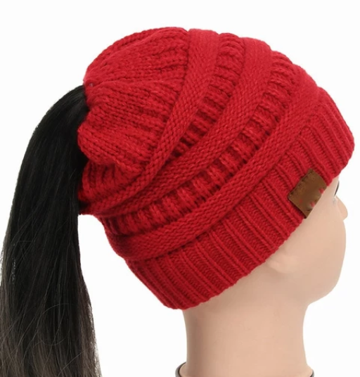 Beanie-Mütze mit hohem Dutt und Pferdeschwanz, dick, weich, dehnbar, Zopfmuster, warm, flauschig, gefüttert, Totenkopf-Mütze, Acryl-Mützen für Herren und Damen