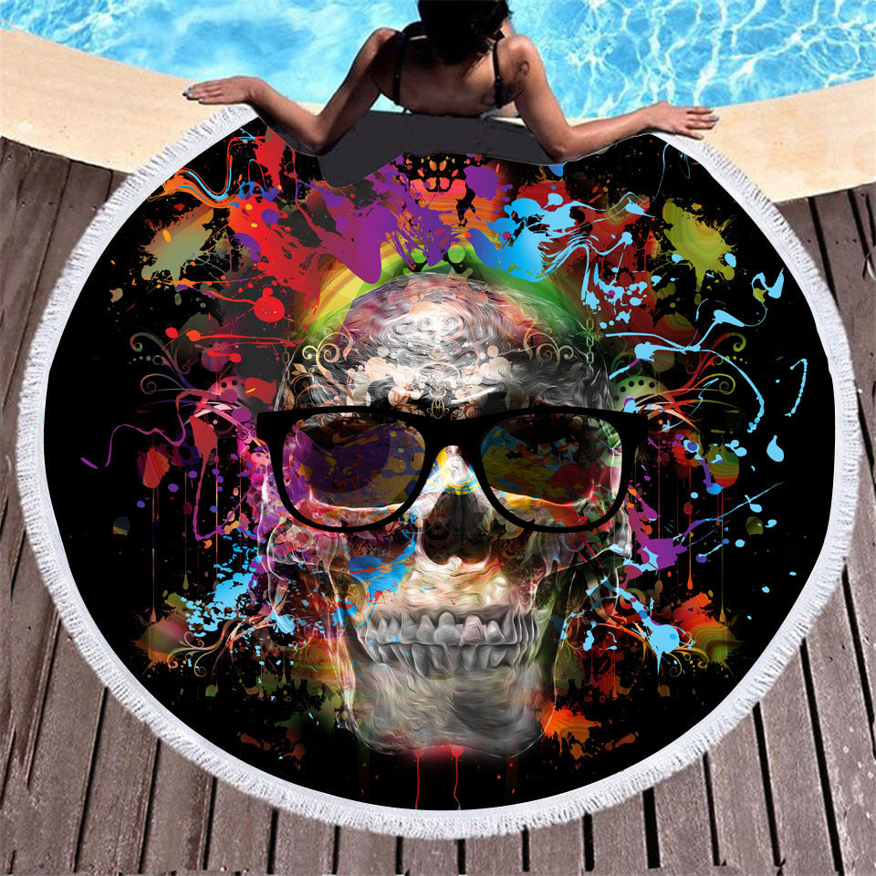 Skull print with tassel round beach towel