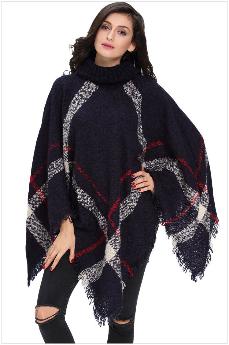 High collar fringed cloak shawl