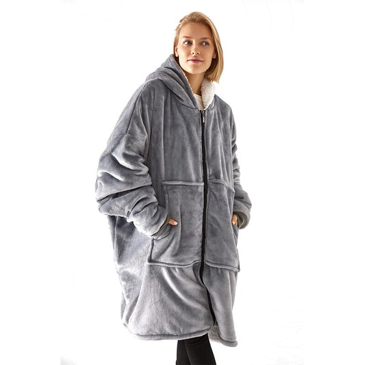 SnuggleEase: Oversized blanket hoodie with pockets, zipper, and thick fleece for cozy winter warmth and comfort, perfect for TV time.