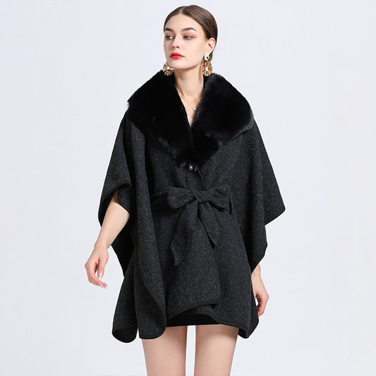 Faux Rex Rabbit Fur Collar Knit Shawl Cape