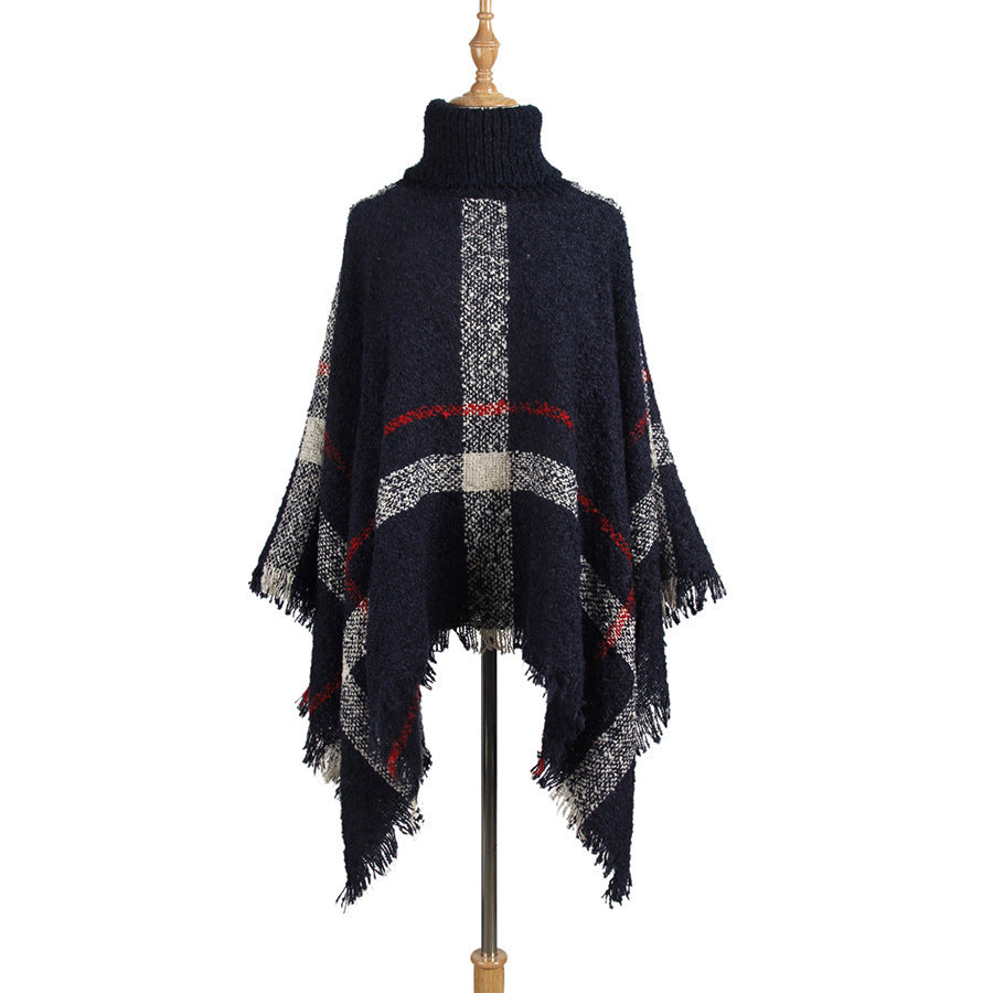 High collar fringed cloak shawl