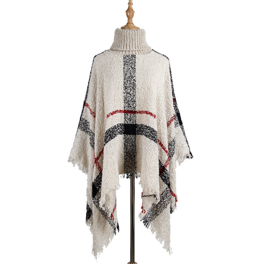 High collar fringed cloak shawl