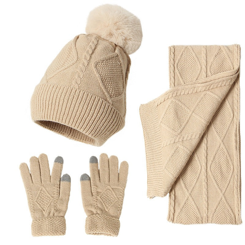 Adult Hat, Scarf, Glove, Three Piece Set, Autumn and Winter New Warm and Thickened Woolen Hat