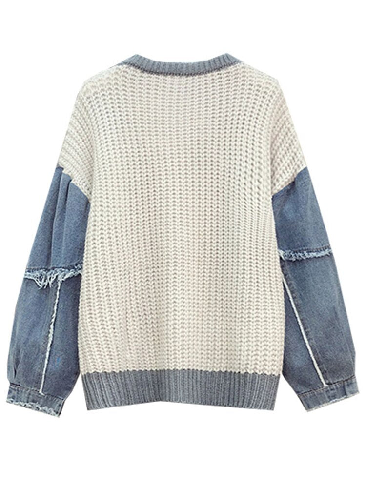 Straight Patchwork Colorblock Sweater For Women Round Neck Long Sleeve Knitting Pullover Female Fashion Clothes