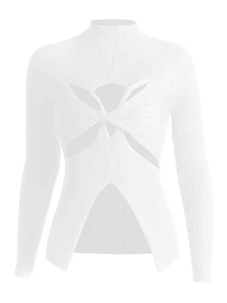 Crisscross Hollow Out Strickpullover für Frauen Rundhals Langarm Abnehmen Casual Chic Pullover weiblich 