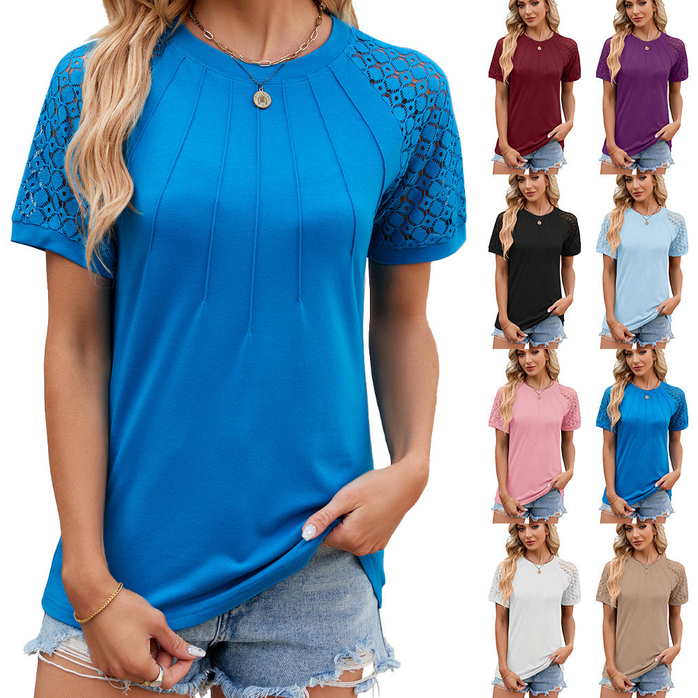 Summer Lady: Solid Color Round Neck Top with Lace Hollow Design - Women's Short Sleeve T-Shirt