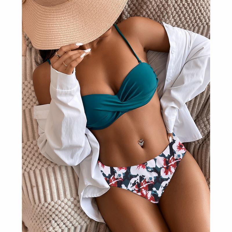 Women's Floral High Waist Tube Top Bikini Split Swimsuit