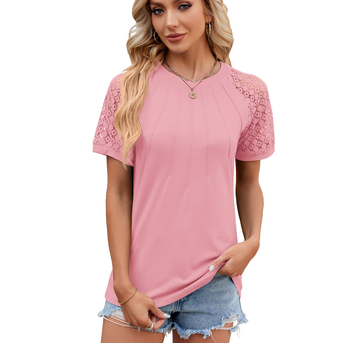 Summer Lady: Solid Color Round Neck Top with Lace Hollow Design - Women's Short Sleeve T-Shirt